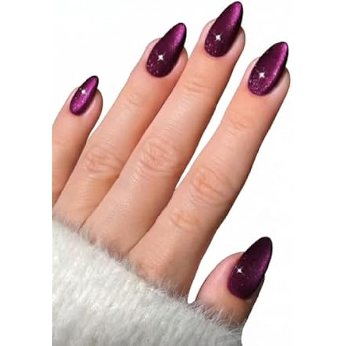 24Pcs/Set Y2K Aesthetic Purple Crystal Cat Eye Press On Nails Long Almond - Image 1